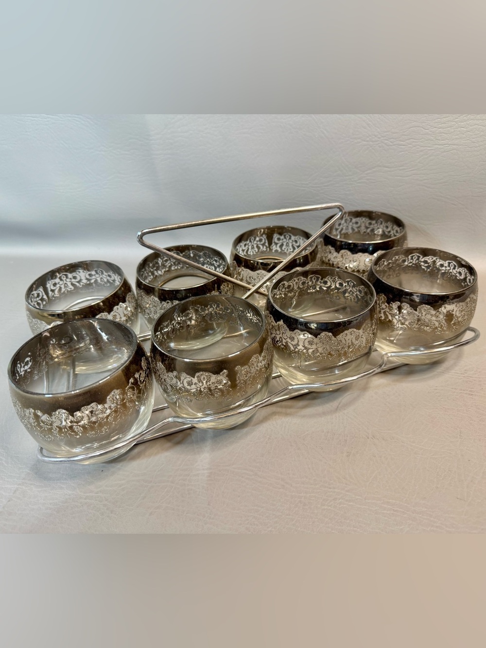 Cocktail Glasses Roly Poly Silver Band Low Ball Set of 8 With Caddy MCM Vtg Nice